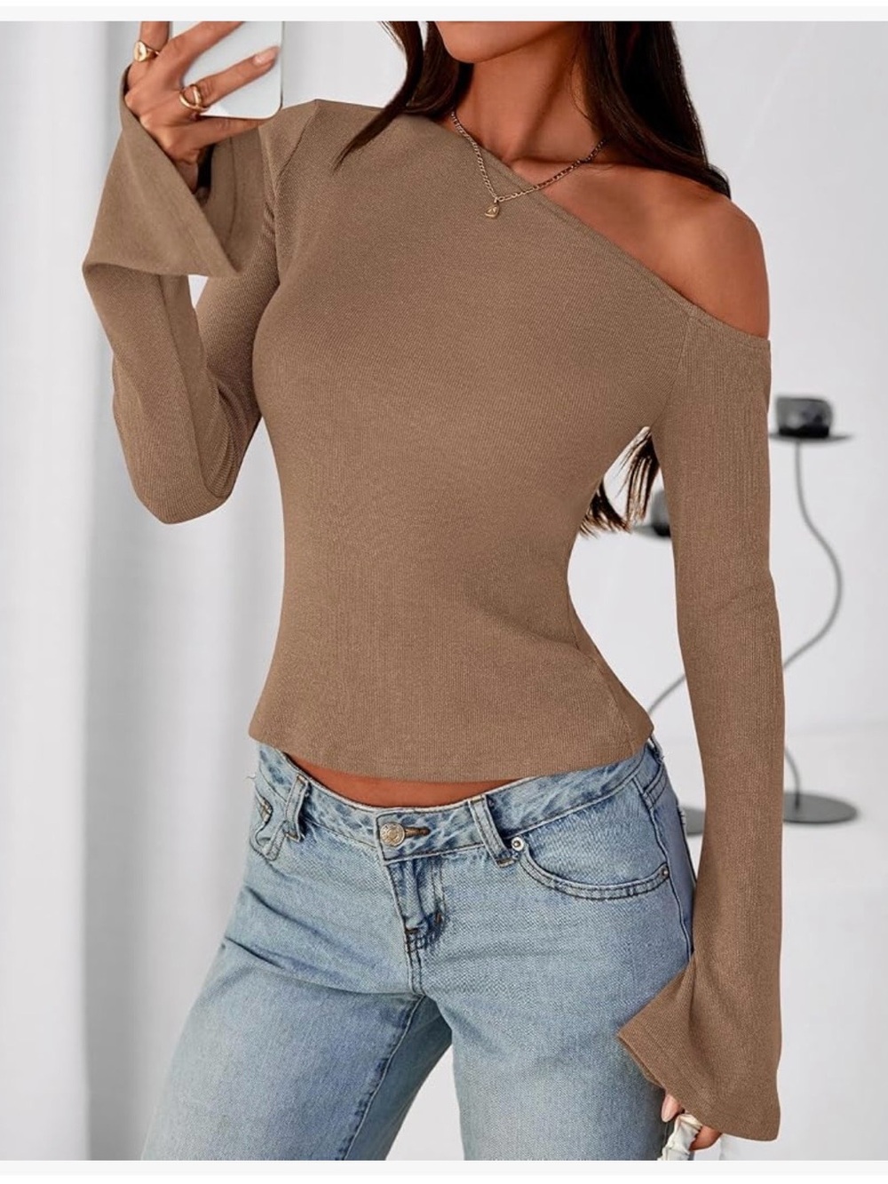 NWT One-Shoulder Long Sleeve khaki Tops Casual Slim Fitted size small